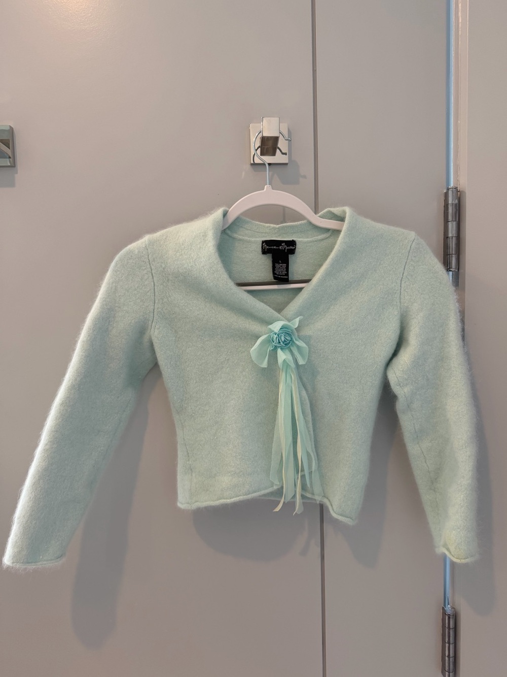 Mint Green Cropped Sweater with Floral Tie